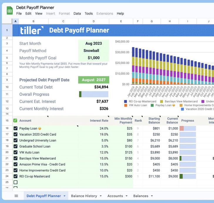 Tiller Money Debt Snowball Method Spreadsheet