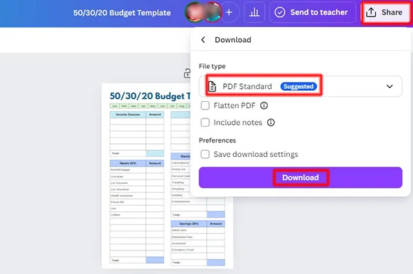 how to download 50 30 20 budget rule template free