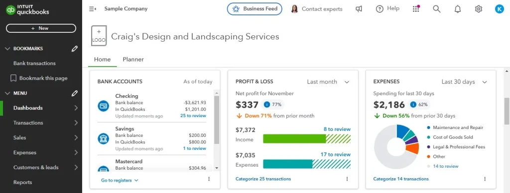 QuickBooks Online Dashboard